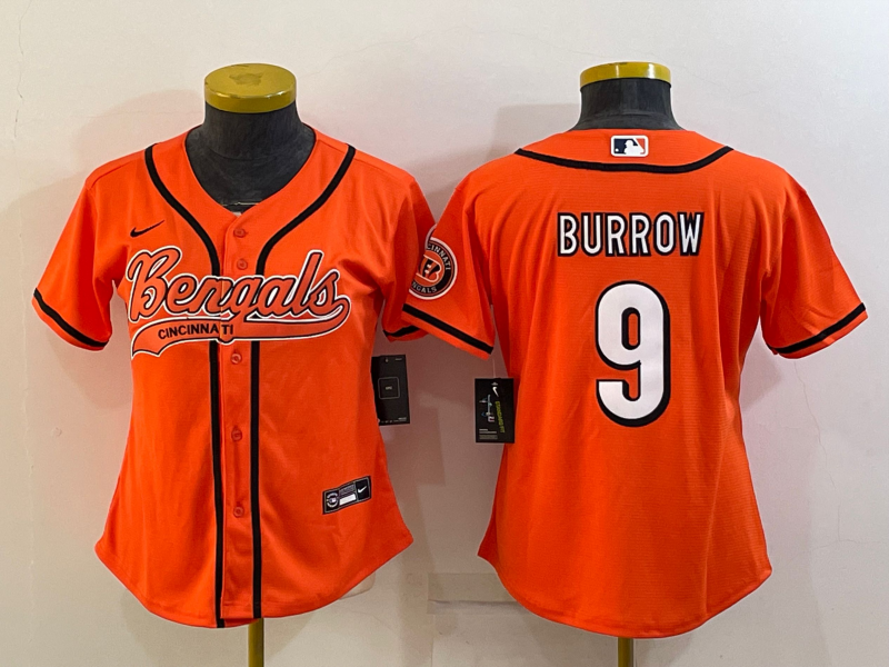 Bengals 2021/22 Burrow #9 Orange Women Baseball Style Jersey