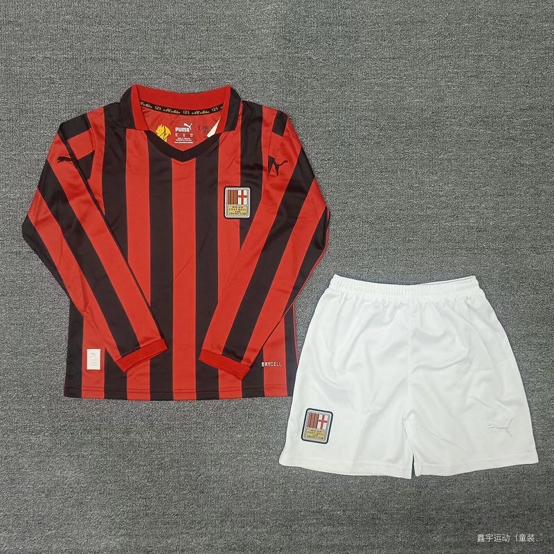 AC Milan 2025 125th Anniversary Red/Black Long Sleeve Kids Jersey Set