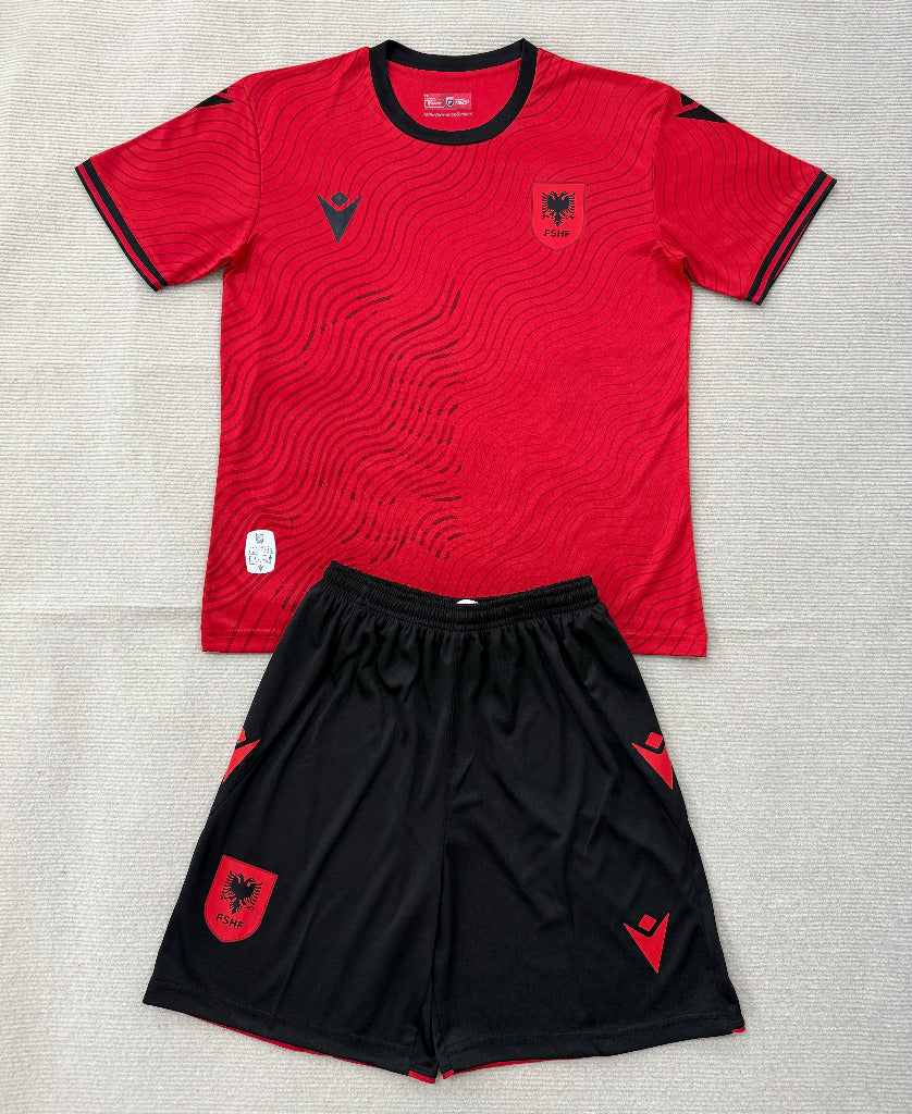 Albania 2026 Red/Black Wavy Home Kids Jersey Set