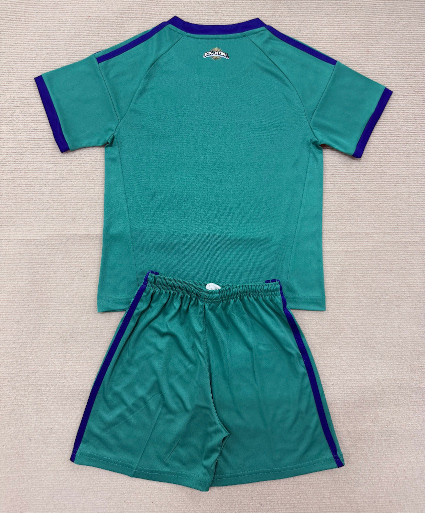Argentina 2026 Green/Blue Trim Away Goalkeeper Kids Jersey Set