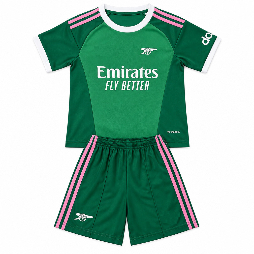 Arsenal 26/27 Green/White/Pink Stripes Goalkeeper Kids Jersey Set
