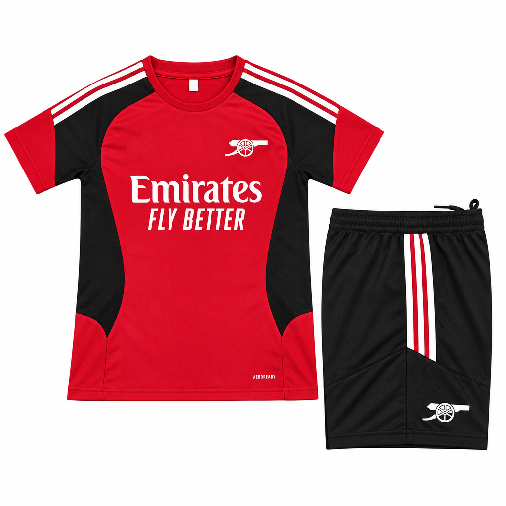 Arsenal 26/27 Red/Black/White Stripes Kids Jersey Set