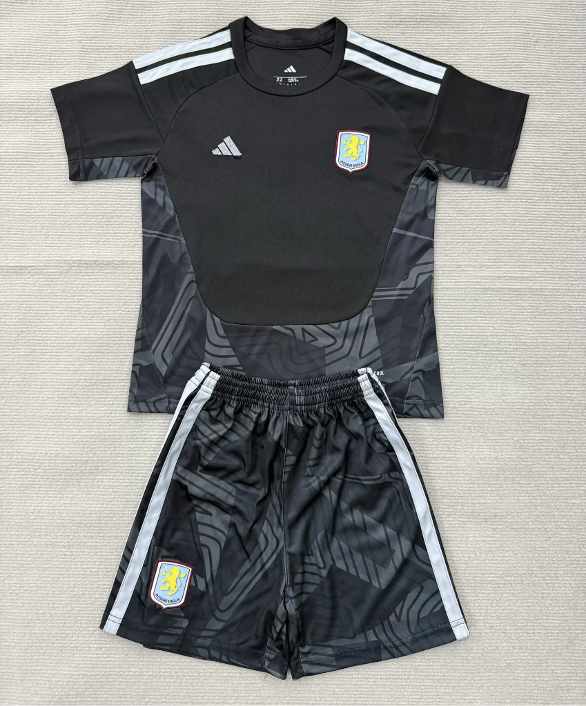 Aston Villa 26/27 Black/White Stripes Goalkeeper Kids Jersey Set