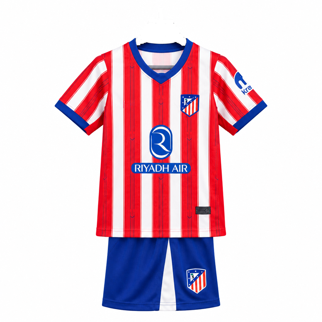 Atletico Madrid 26/27 Red/White Vertical Stripes Home Kids Jersey Set