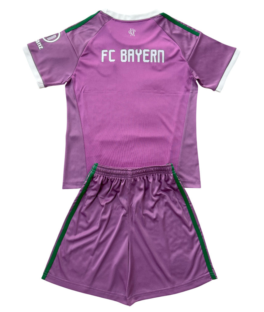 Bayern Munich 26/27 Purple/White and Green Stripes Goalkeeper Kids Jersey Set