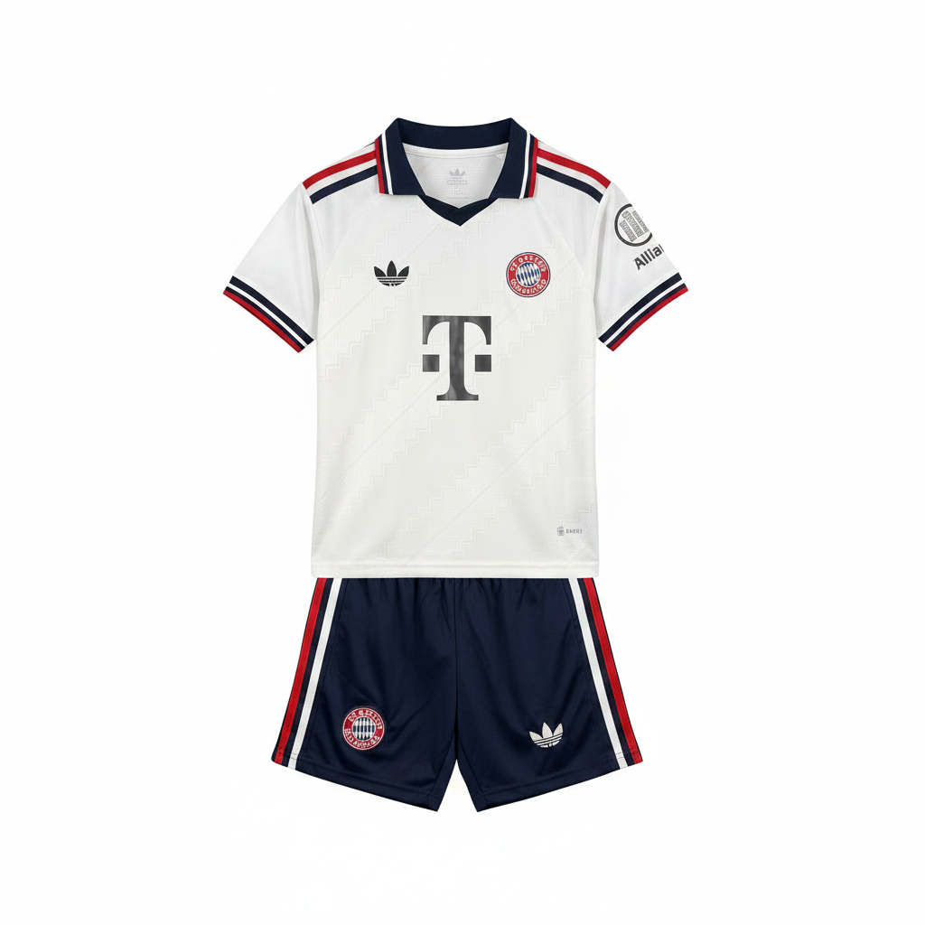 Bayern Munich 26/27 White/Red and Blue Trim Away Kids Jersey Set
