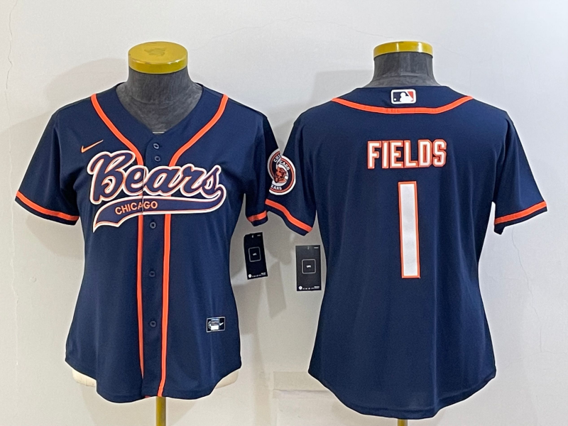 Bears 2022/23 Fields #1 Navy/Orange Women NFL Baseball Style Jersey