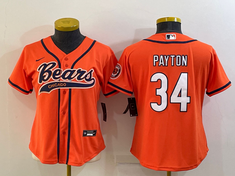 Bears 2022/23 Payton #34 Orange/Navy/White Women NFL Baseball Style Jersey