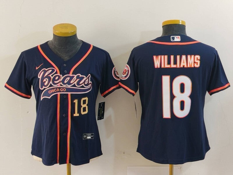 Bears 2022/23 Williams #18 Navy/Orange Women NFL Baseball Style Jersey