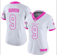 Bengals 2021/22 Burrow #9 White/Pink Women NFL Jersey