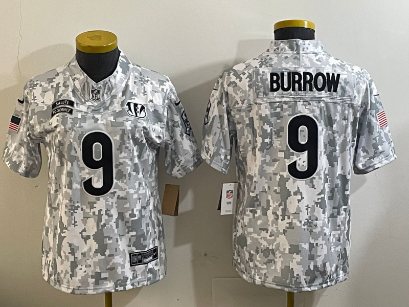 Bengals 2023/24 Burrow #9 Arctic Camo Women NFL Jersey
