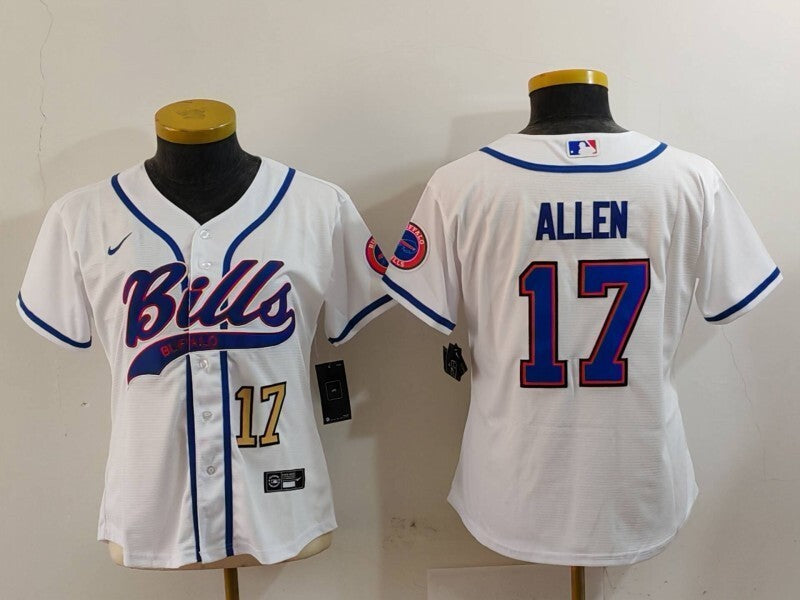 Bills 2023/24 Allen #17 White/Blue Women NFL Baseball Style Jersey