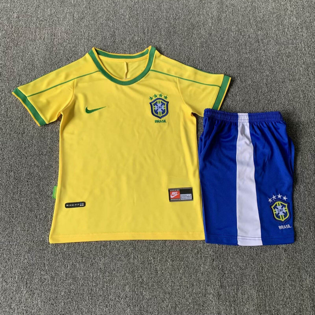 Brazil 1998 Vintage Retro Home Kids Jersey Set