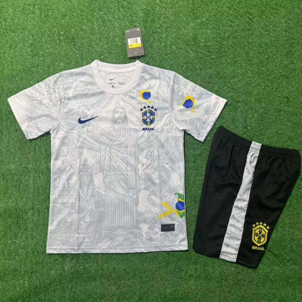 Brazil 25/26 White/Gray Jesus Kids Jersey Set