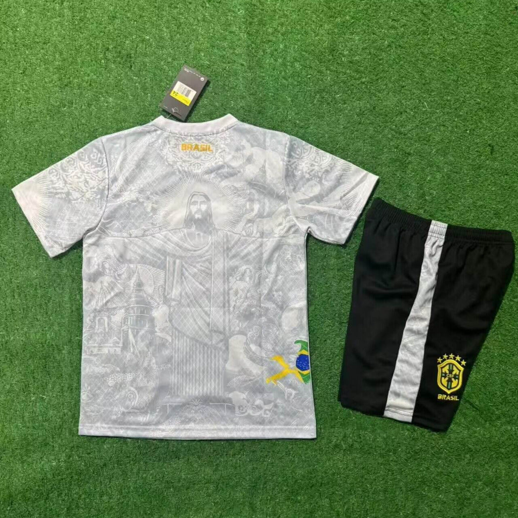 Brazil 25/26 White/Gray Jesus Kids Jersey Set
