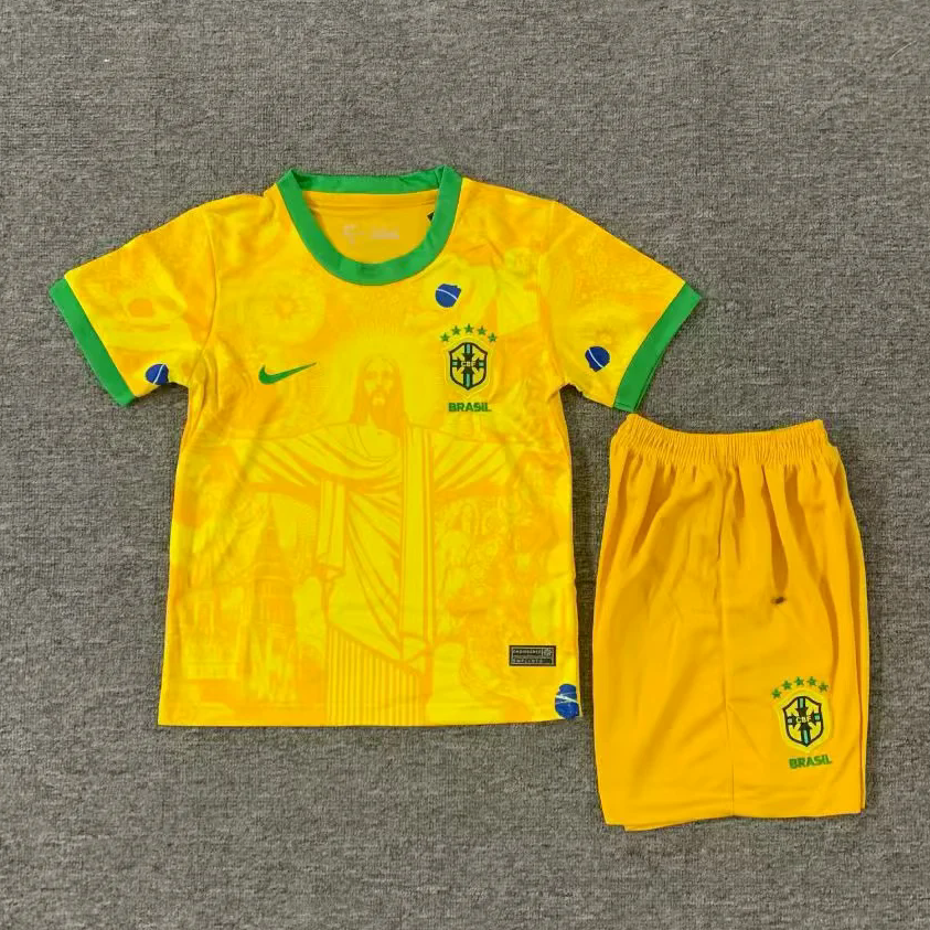 Brazil 25/26 Yellow Jesus Special Kids Jersey Set