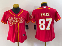 Chiefs 2021/22 Kelce #87 Red/White/Yellow Women NFL Baseball Style Jersey