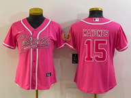 Chiefs 2021/22 Mahomes #15 Pink/White Women NFL Baseball Style Jersey