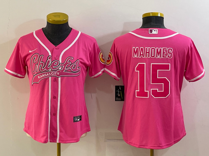 Chiefs 2021/22 Mahomes #15 Pink/White Women NFL Baseball Style Jersey