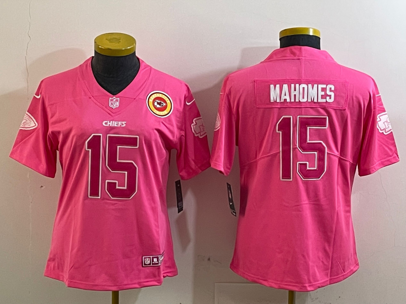 Chiefs 25/26 Mahomes #15 Pink/White Women NFL Jersey