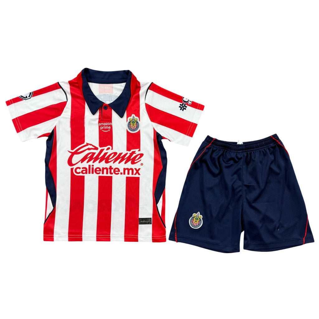Chivas 26/27 White/Red Vertical Stripes Home Kids Jersey Set