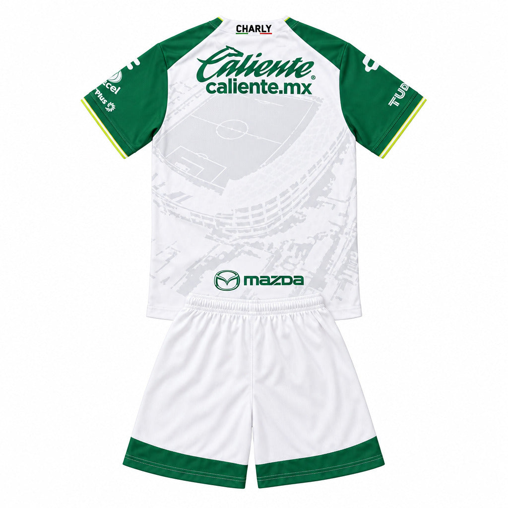 Club Leon 26/27 White/Green/Yellow Trim Away Kids Jersey Set