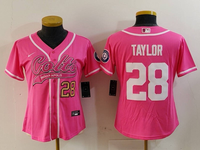 Colts 2023/24 Taylor #28 Pink/White Women NFL Baseball Style Jersey