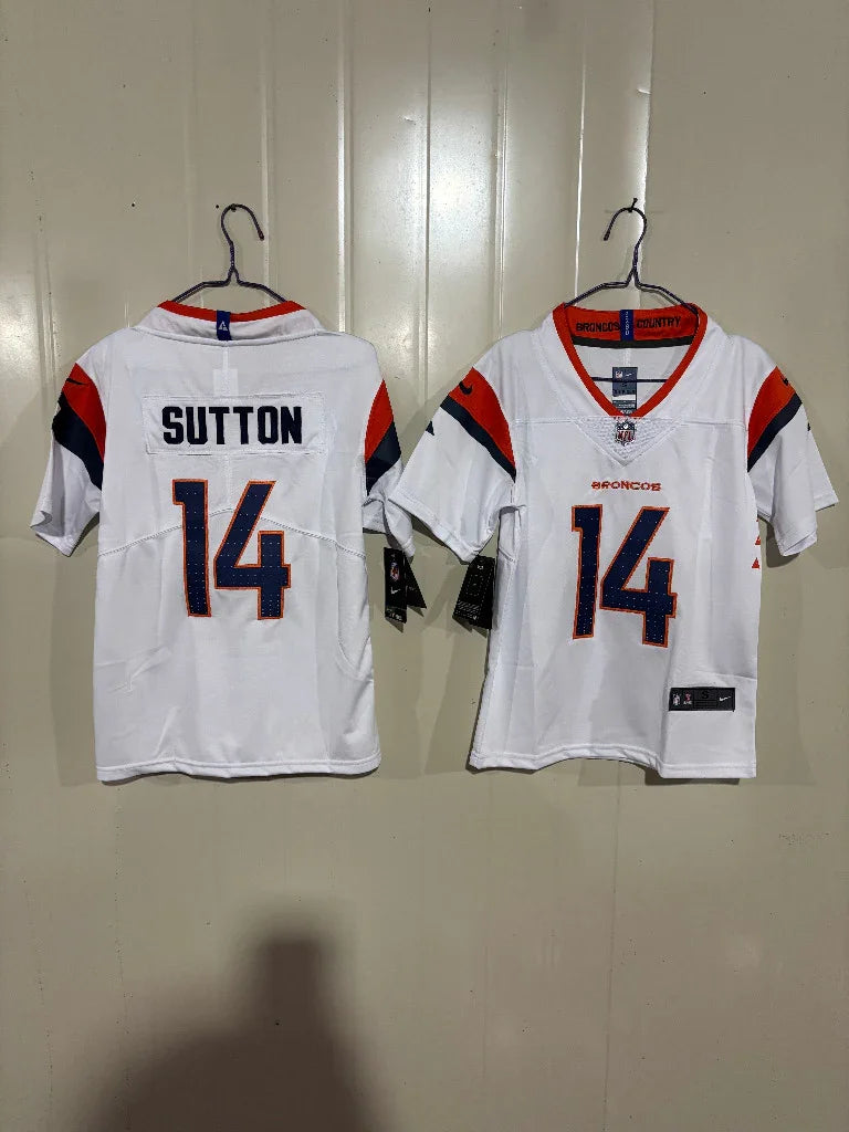 Denver Broncos 25/26 Sutton #14 White Game Kids Jersey