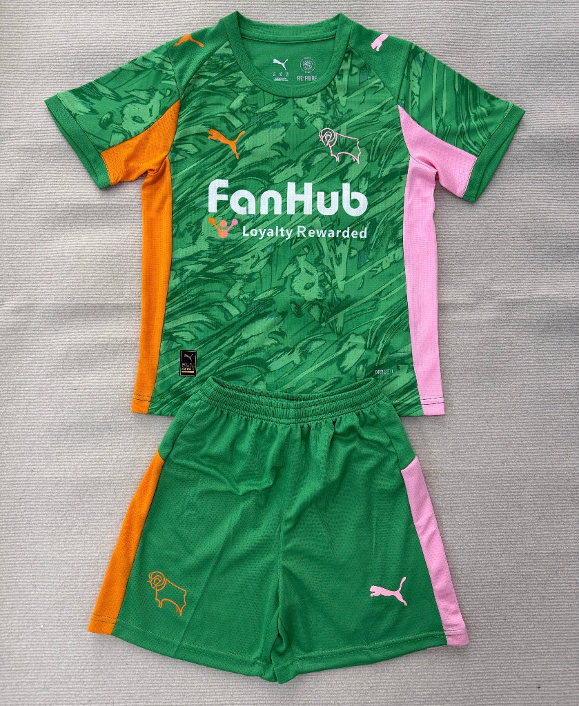 Derby County 25/26 Green/Pink/Orange Goalkeeper Kids Jersey Set