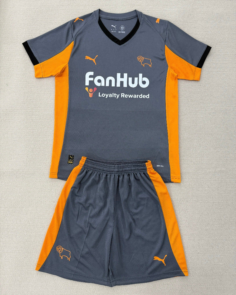 Derby County 25/26 Grey/Orange Away Kids Jersey Set
