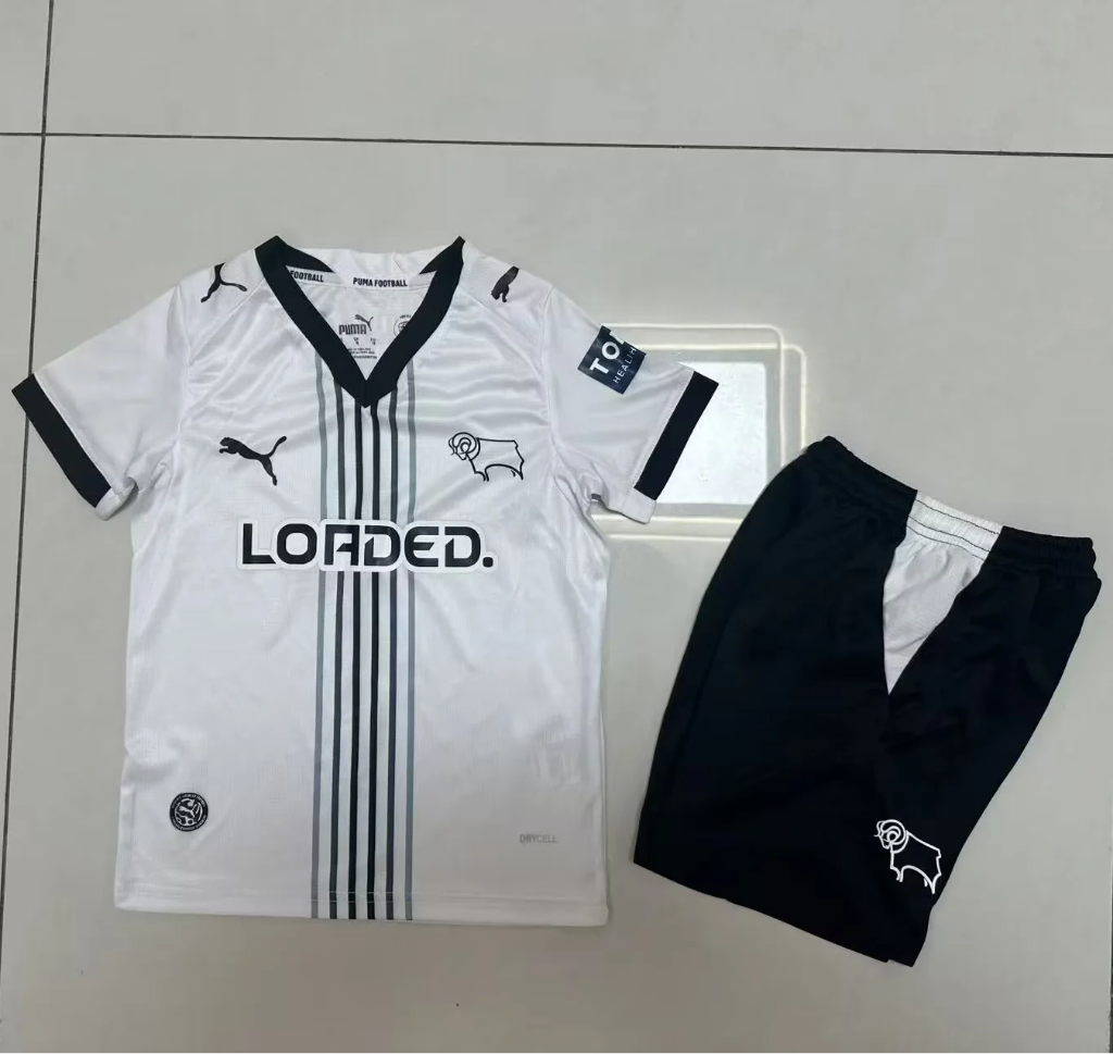 Derby County 26/27 White/Black/Gray Stripes Home  Kids Jersey Set
