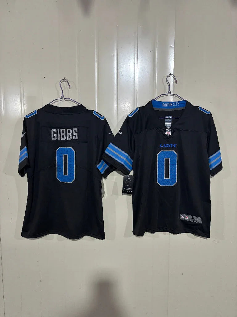 Detroit Lions 25/26 Gibbs #0 Black Game Kids Jersey