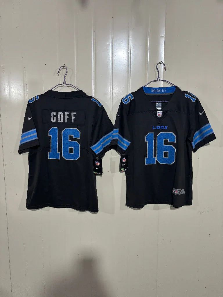 Detroit Lions 25/26 Goff #16 Black Game Kids Jersey