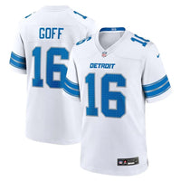Detroit Lions 25/26 Goff #16 White/Royal Blue NFL Game Jersey