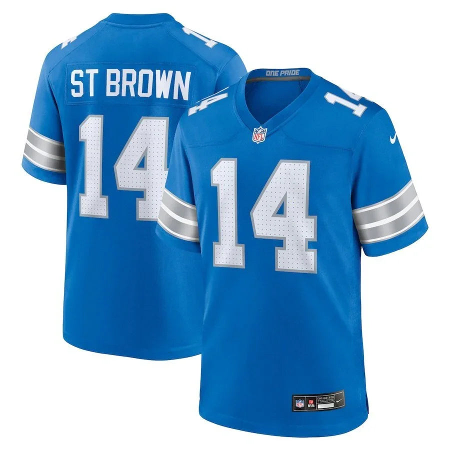 Detroit Lions 25/26 St. Brown #14 Royal Blue/White NFL Game Jersey
