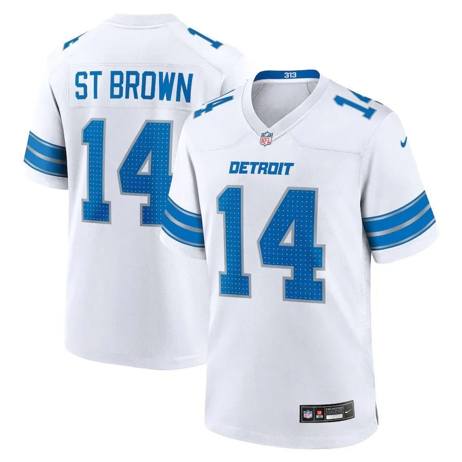 Detroit Lions 25/26 St. Brown #14 White/Royal Blue NFL Game Jersey