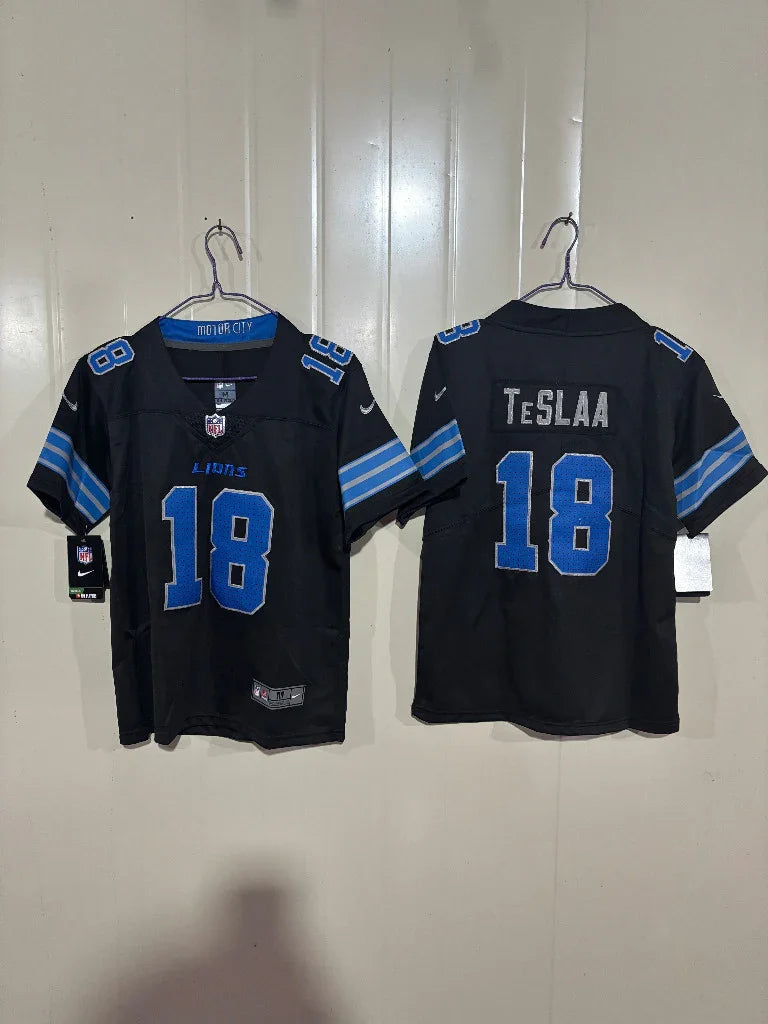 Detroit Lions 25/26 TeSlaa #18 Black Game Kids Jersey