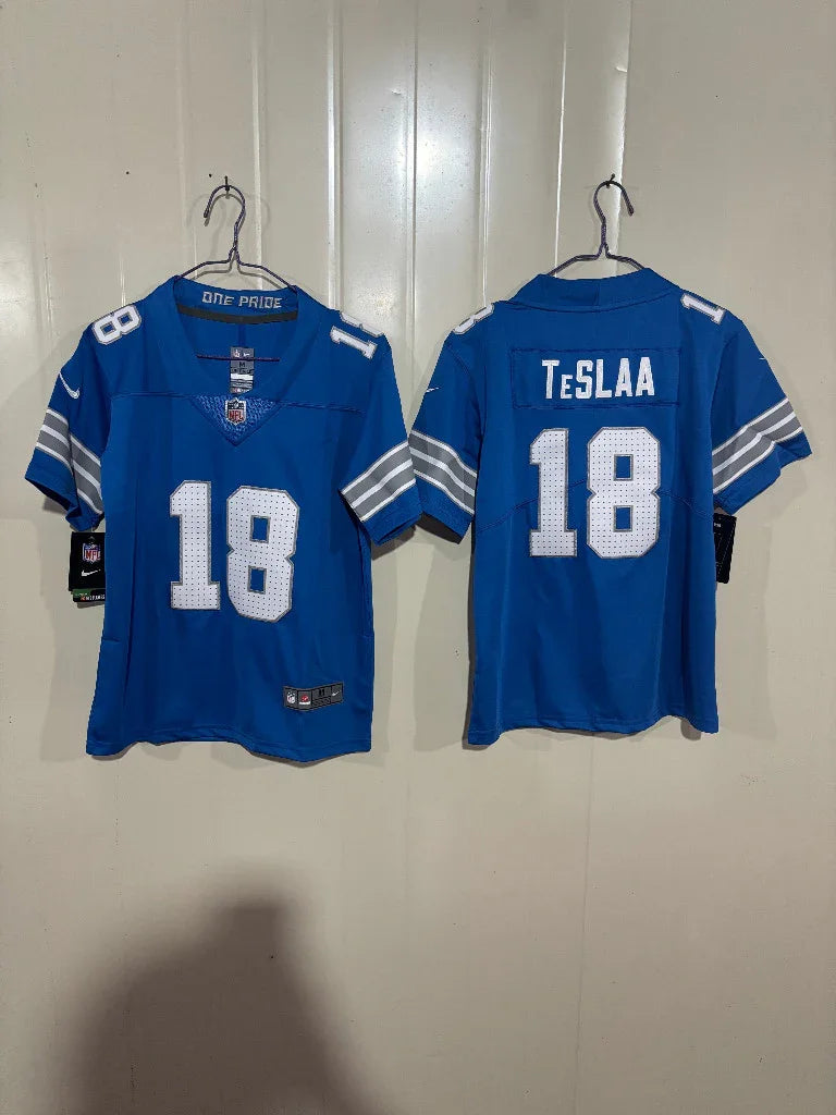 Detroit Lions 25/26 TeSlaa #18 Royal Blue Game Kids Jersey
