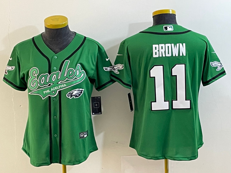 Eagles 2022/23 Brown #11 Green/White/Black Women NFL Baseball Style Jersey