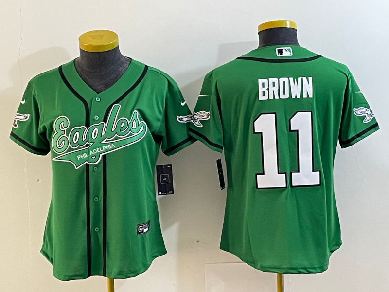 Eagles 2022/23 Brown #11 Green/White/Black Women NFL Baseball Style Jersey