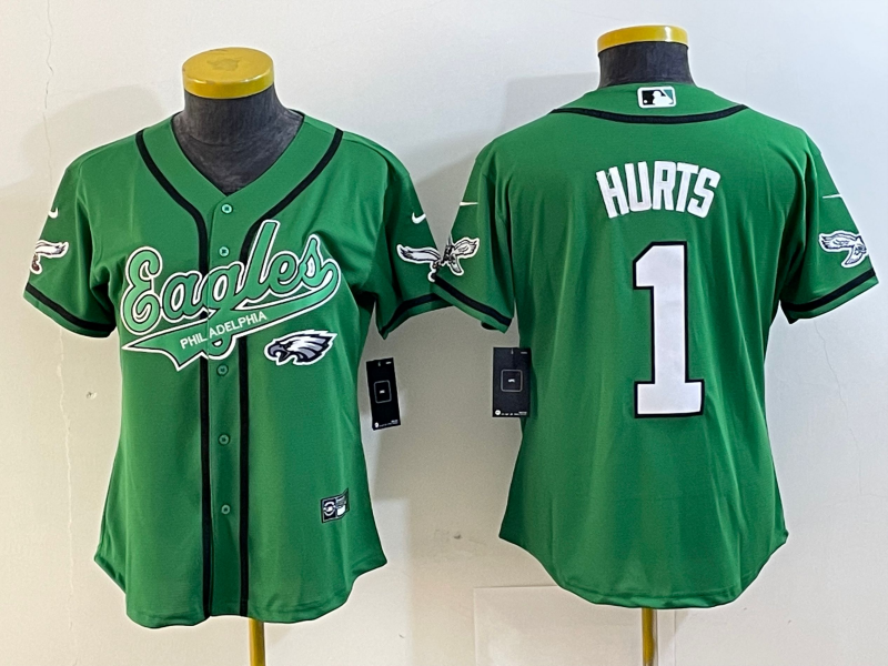 Eagles 2022/23 Hurts #1 Green/White/Black Women NFL Baseball Style Jersey