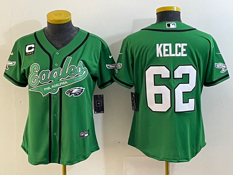 Eagles 2022/23 Kelce #62 Green/White/Black Women NFL Baseball Style Jersey