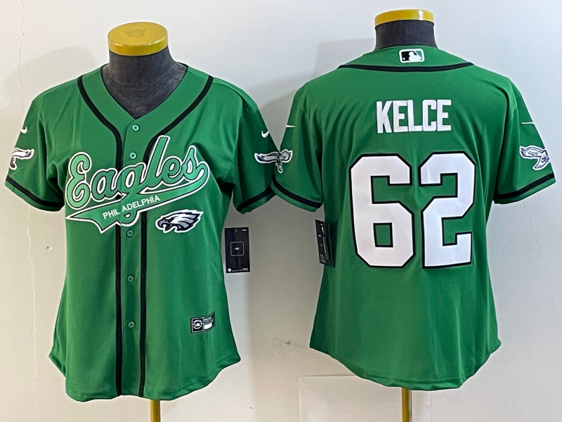 Eagles 2022/23 Kelce #62 Green/White/Black Women NFL Baseball Style Jersey