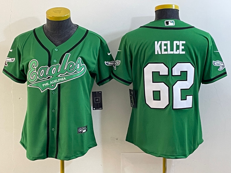 Eagles 2022/23 Kelce #62 Green/White/Black Women NFL Baseball Style Jersey