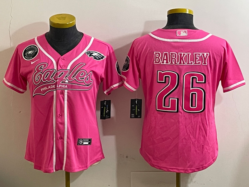 Eagles 25/26 Barkley #26 Pink/White/Black Women NFL Baseball Style Jersey
