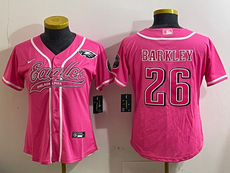 Eagles 25/26 Barkley #26 Pink/White/Black Women NFL Baseball Style Jersey