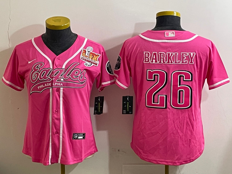 Eagles 25/26 Barkley #26 Pink/White/Black Women NFL Baseball Style Jersey