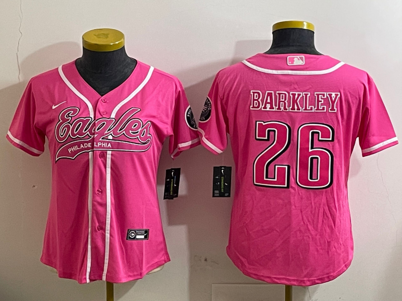 Eagles 25/26 Barkley #26 Pink/White/Black Women NFL Baseball Style Jersey