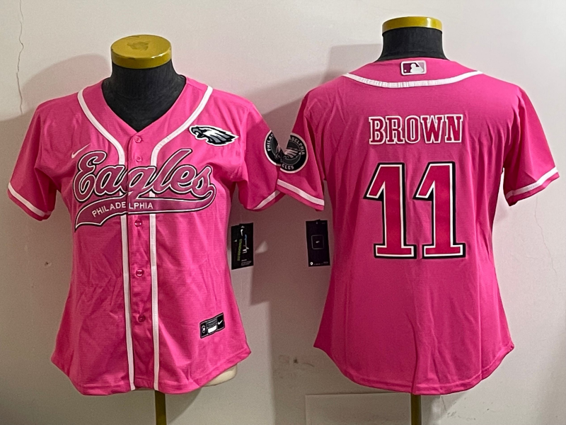 Eagles 25/26 Brown #11 Pink/White/Black Women NFL Baseball Style Jersey