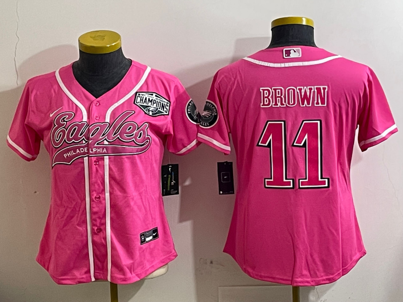 Eagles 25/26 Brown #11 Pink/White/Black Women NFL Baseball Style Jersey